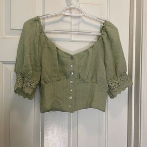 Green Puff Sleeve Smocked Crop Blouse